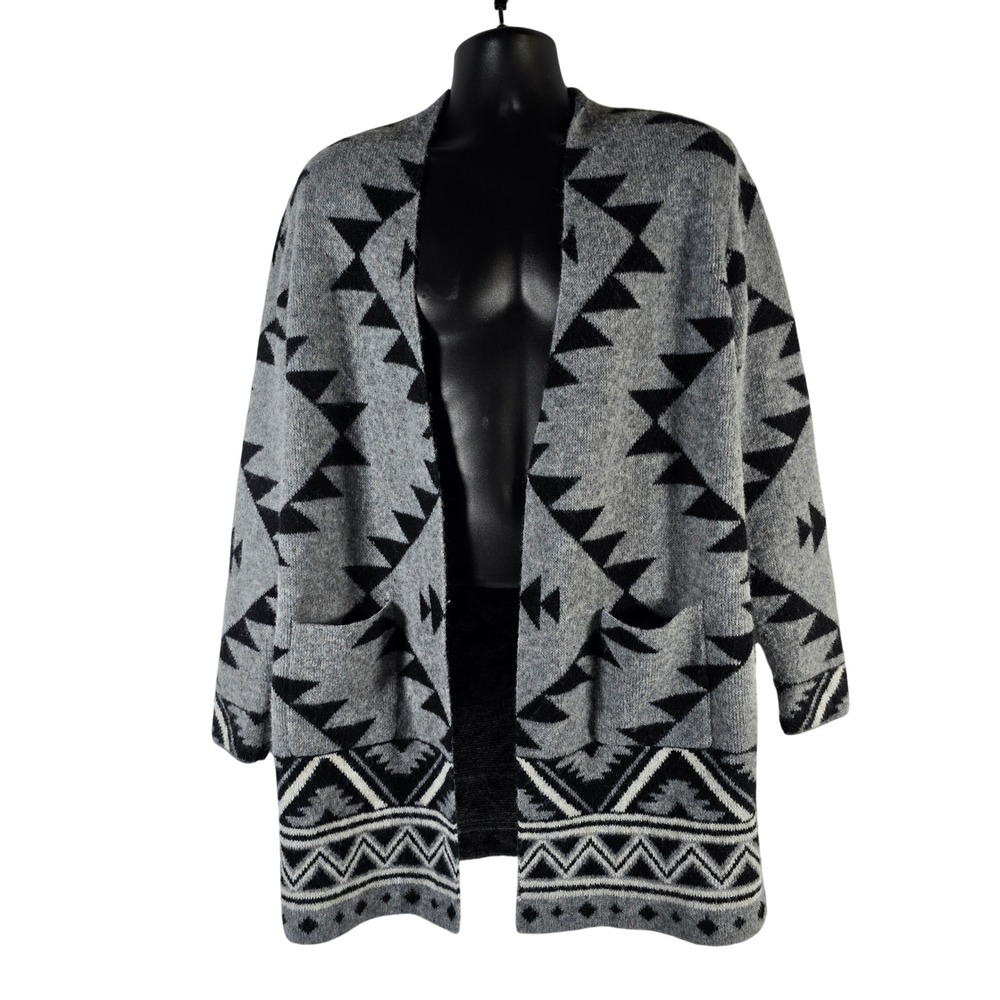 FRYE Geometric Aztec Print Open‎ Front Cardigan Sweater Gray Black XL